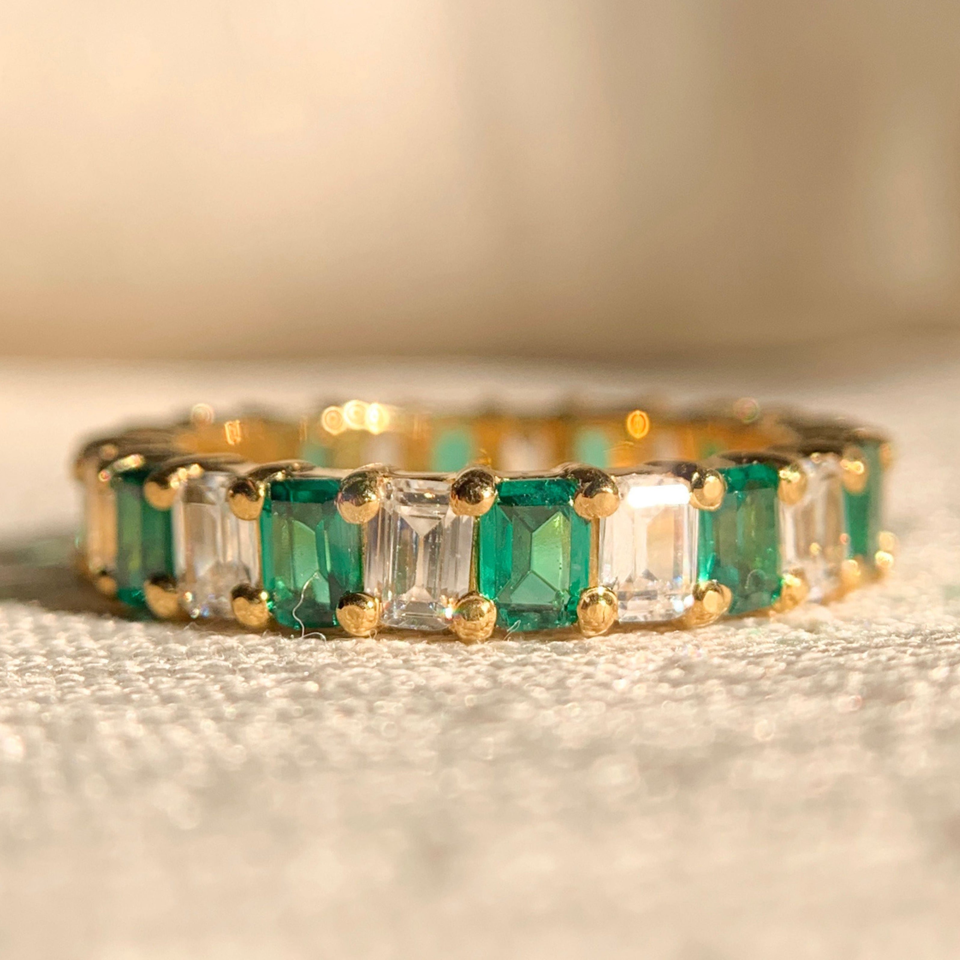 Elegant silver emerald cut diamond band ring for women